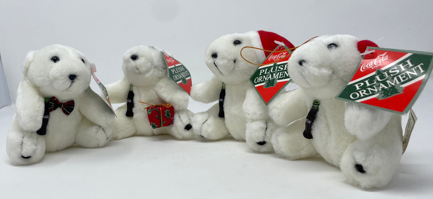 SET OF 4 COCA-COLA PLUSH BEARS CHRISTMAS ORNAMENTS - 1996