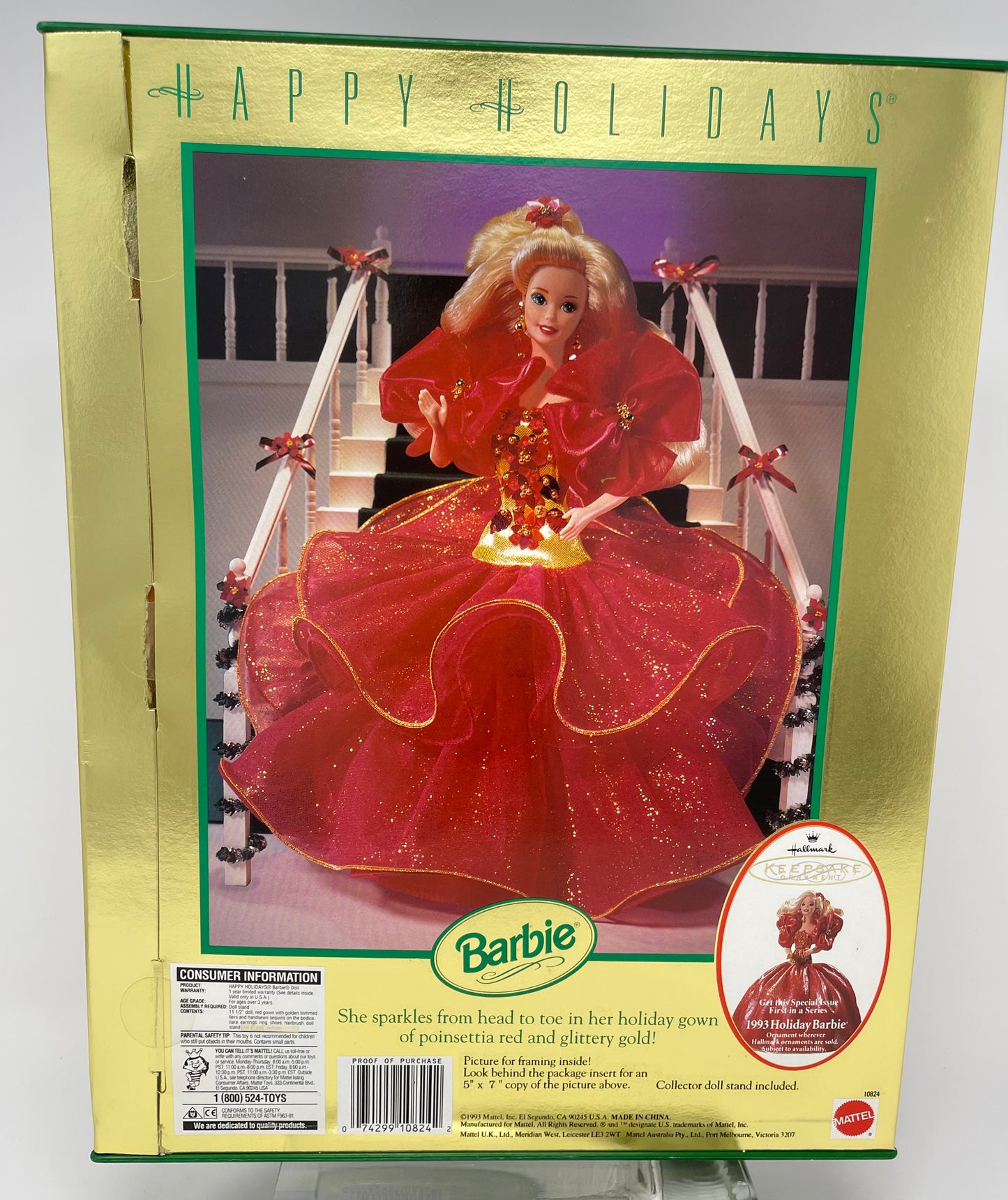 1993 HAPPY HOLIDAYS BARBIE - SPECIAL EDITION - #10824 - MATTEL - *PLUS BONUS 1998 HALLMARK HOLIDAY ORNAMENT