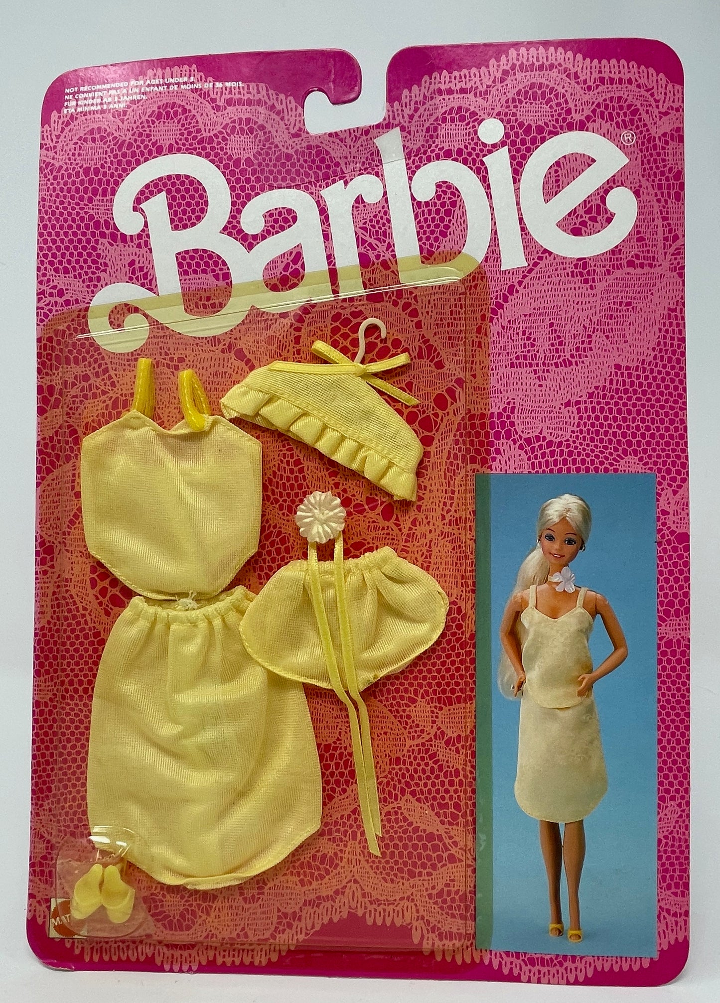 BARBIE - FANCY FRILLS LINGERIE - YELLOW CAMISOLE, SLIP AND SHOES #3183 MATTEL 1986