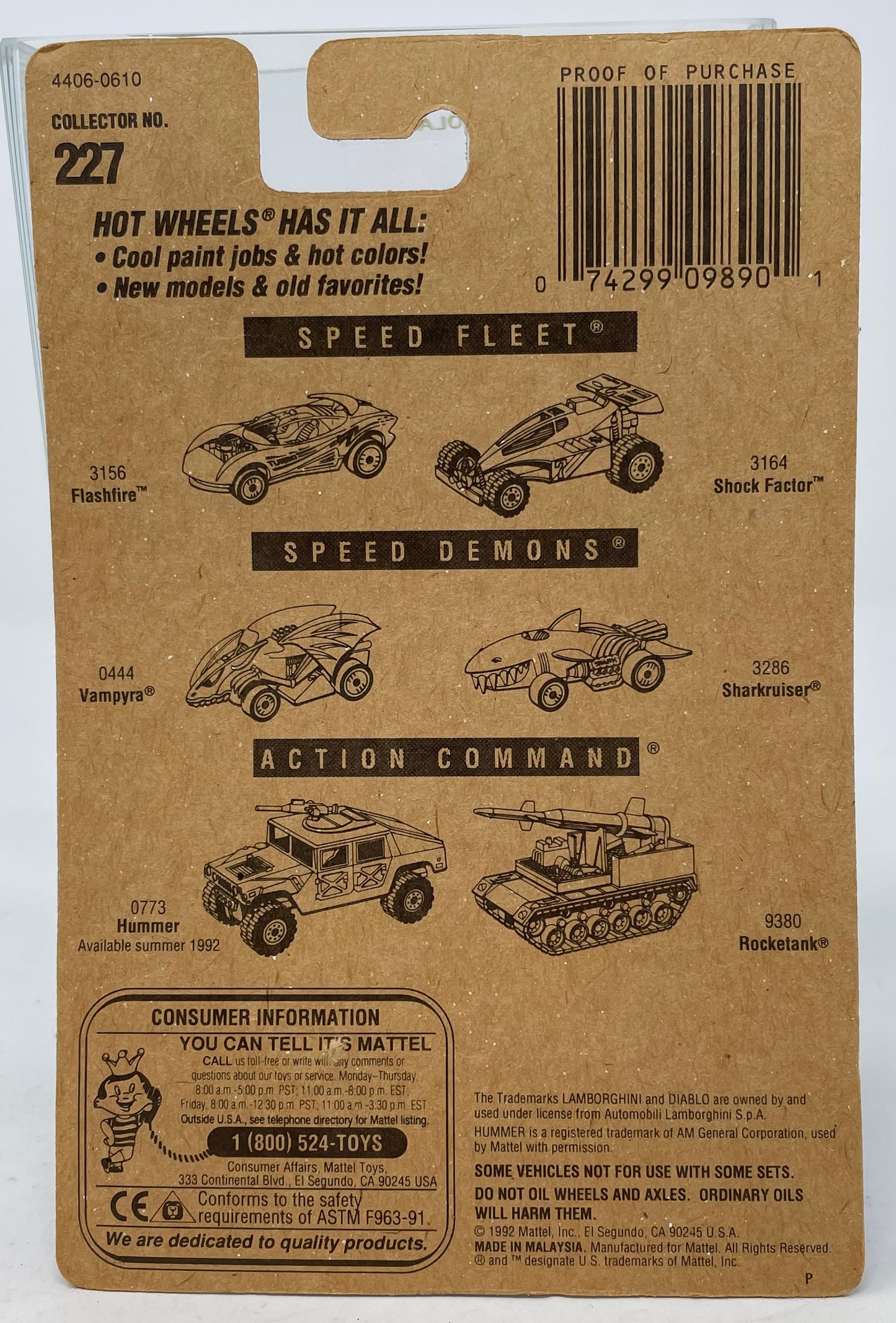 HOT WHEELS - LAMBORGHINI DIABLO - COLLECTOR NO. 227 - 1992 MATTEL