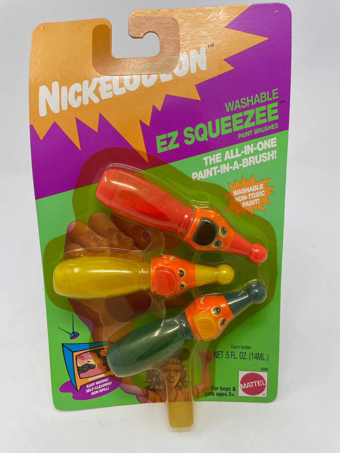VINTAGE - NICKELODEON EZ SQUEEZE PAINT BRUSHES - 3 BRUSH SET - 1992 MATTEL