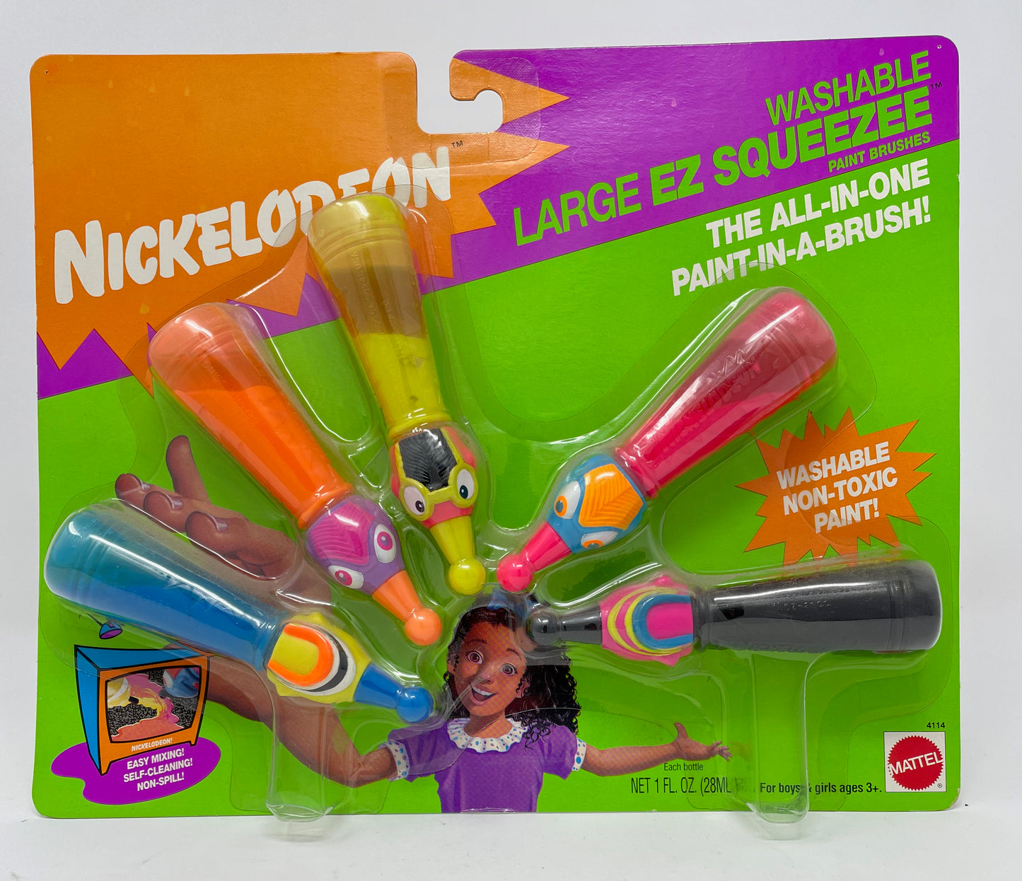 VINTAGE - NICKEOLODEON LARGE EZ SQUEEZE PAINT BRUSHES - FACTORY SEALED- 1992 MATTEL