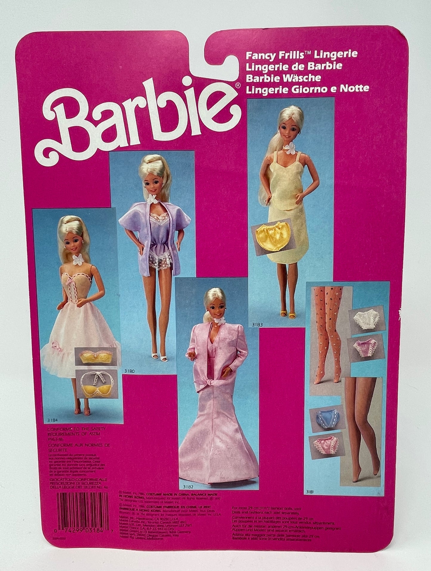 BARBIE - FANCY FRILLS LINGERIE - PINK/YELLOW DRESS/BRA TOPS/SANDALS #3184 - MATTEL 1986 (1 OF 2)