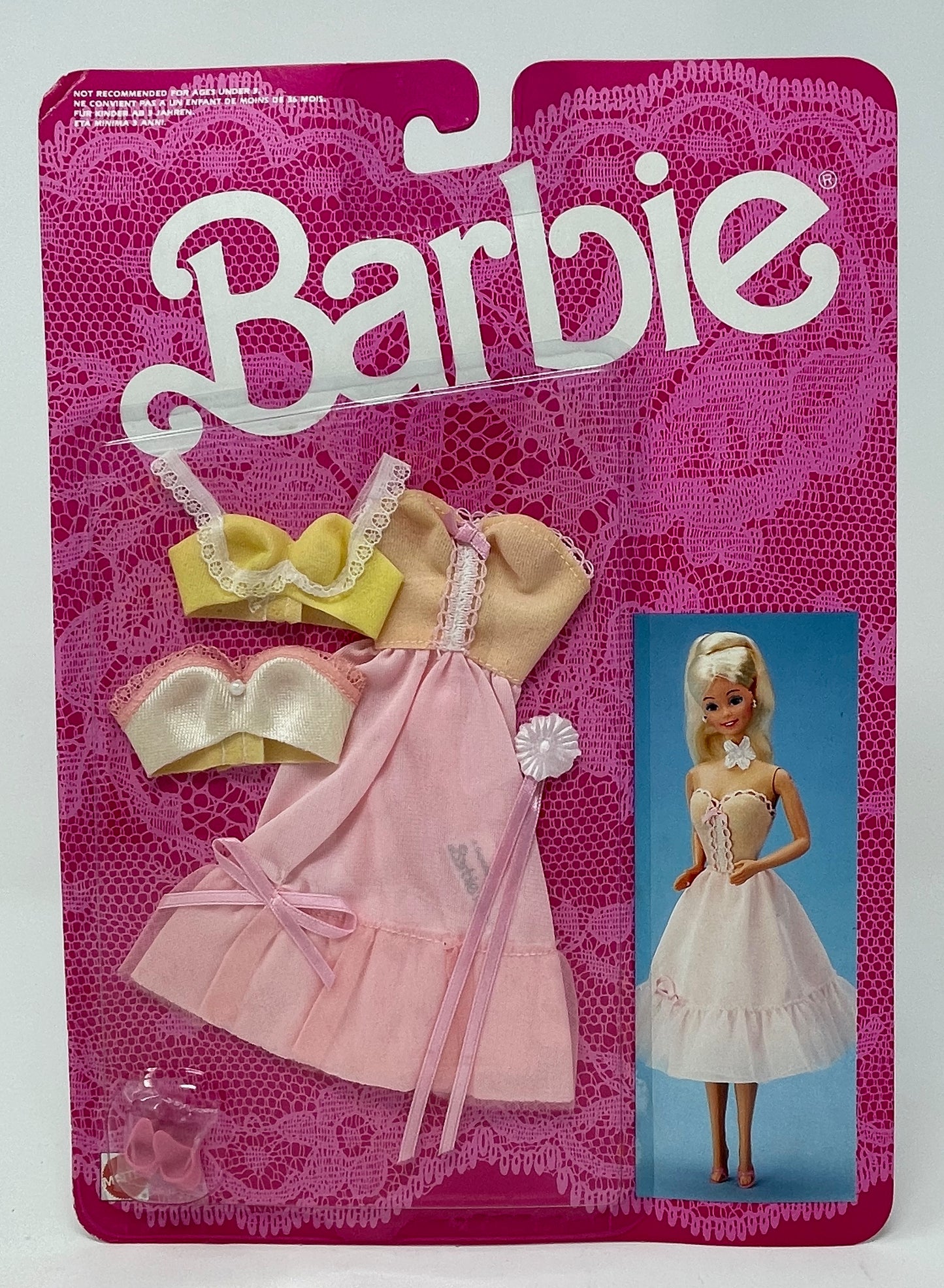 BARBIE - FANCY FRILLS LINGERIE - PINK/YELLOW DRESS/BRA TOPS/SANDALS #3184 - MATTEL 1986 (1 OF 2)