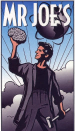 Vintage-style advertisement for 'Mr Joe's Really Big Productions' featuring a person holding a brain and a helmet.